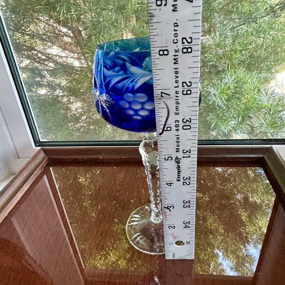 Vintage Bohemian / Czech Cobalt Blue Cut-to-Clear Crystal Wine Hock Goblet - Picture 11 of 11